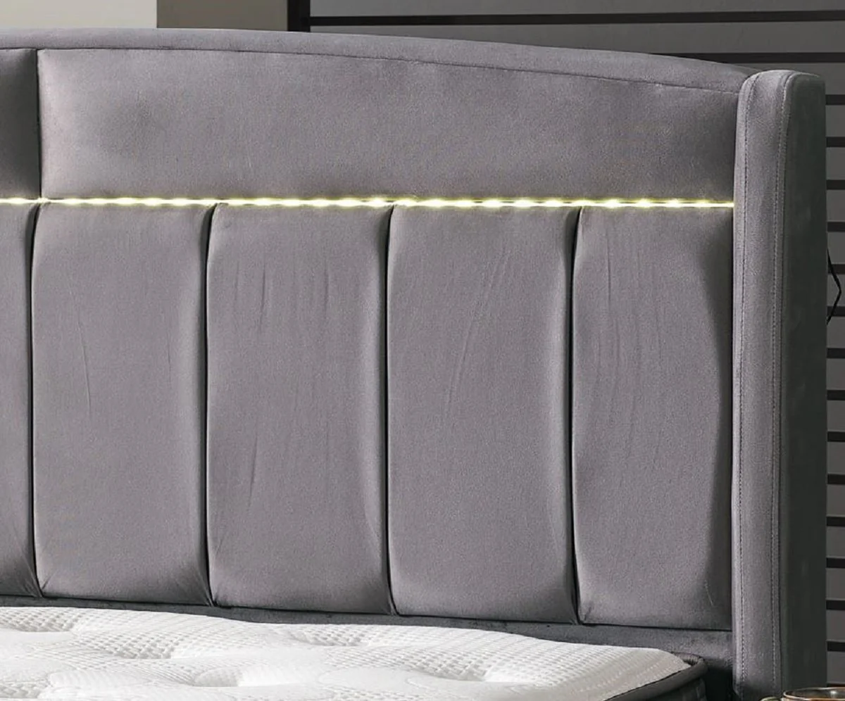 Luxury double bed gray / white / silver 180 x 200 cm - solid wood bed with LED lighting and mattress - bedroom furniture - hotel furniture - luxury furniture - luxury furnishings
