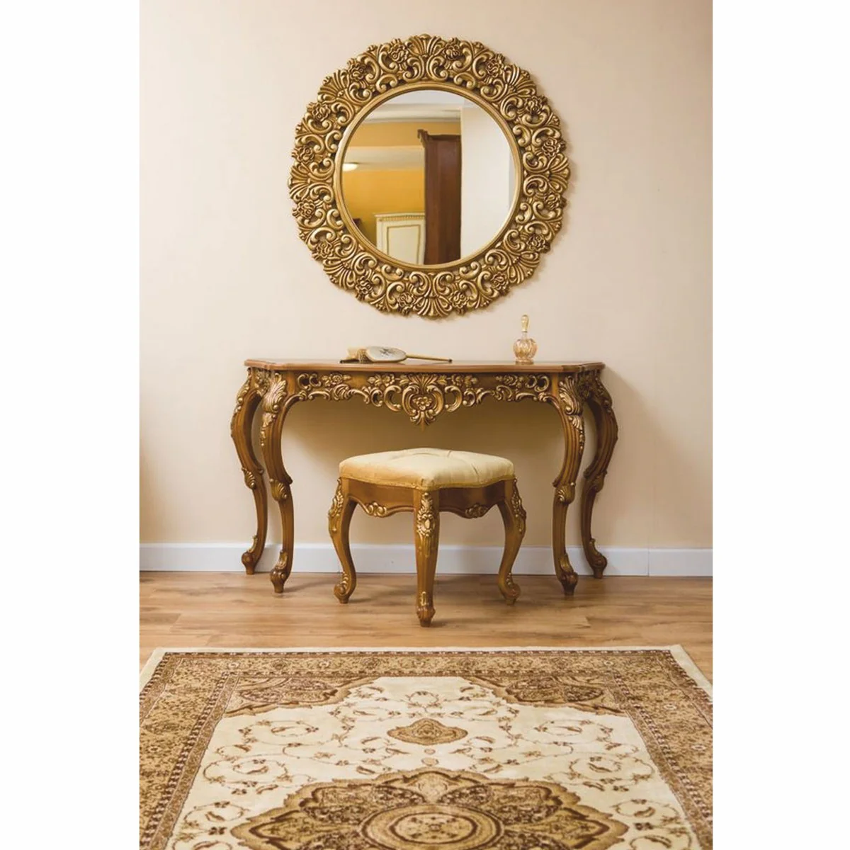 Luxury Baroque console with wall mirror and stool brown / gold - Baroque furniture