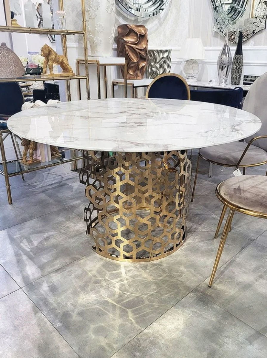 Luxury dining table white / gold Ø 135 x H. 76 cm - Round dining room table with artificial marble table top - Dining room furniture - Luxury furniture - Luxury furnishings