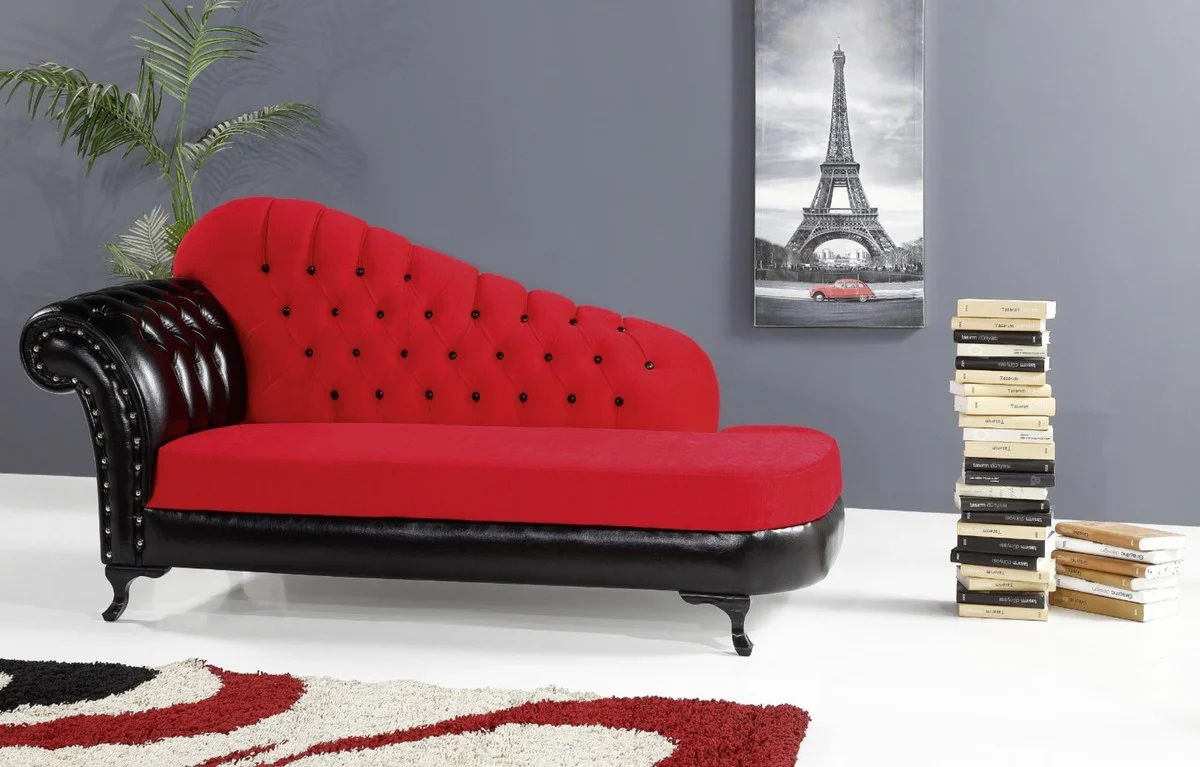 Baroque chaise longue red / black 183 x 80 x H. 94 cm - Noble solid wood chaise longue with artificial leather - Baroque furniture