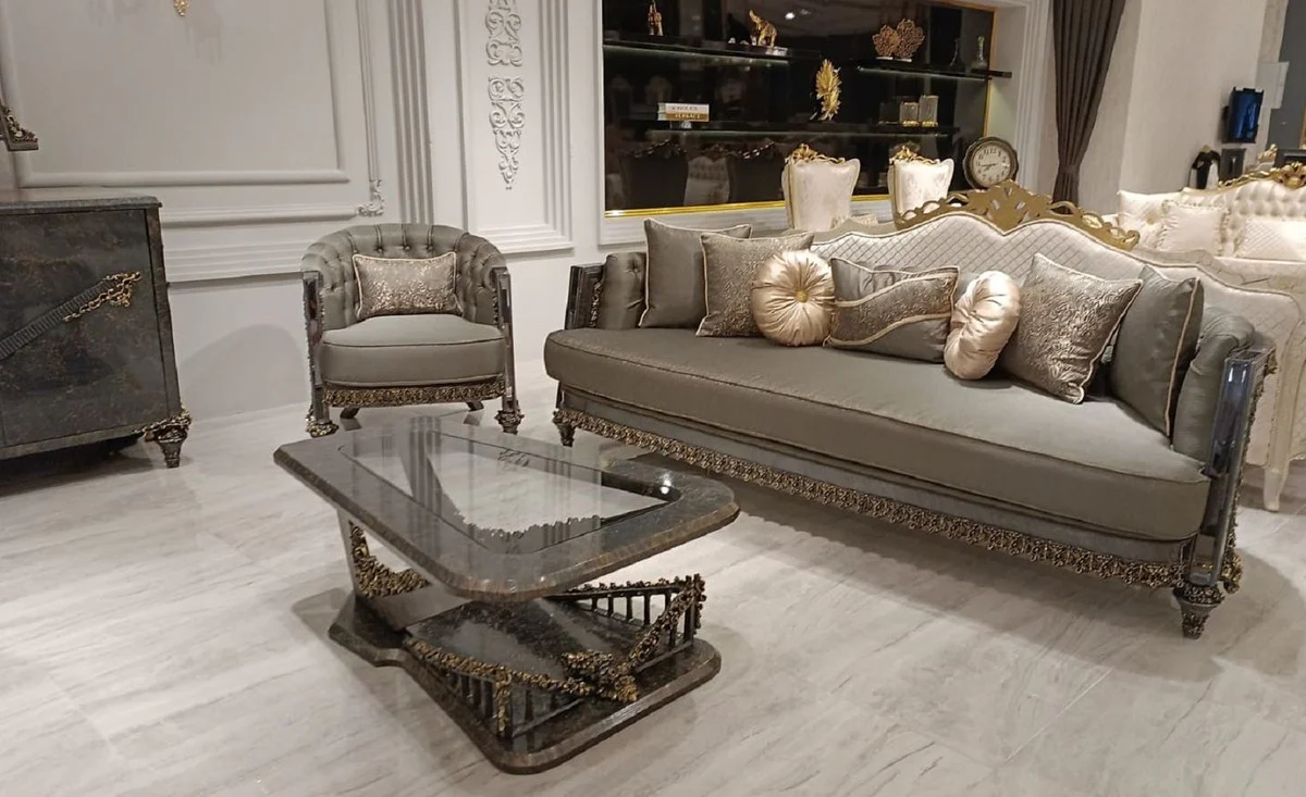 Luxury baroque coffee table with glass top gray / gold - Rectangular living room table in baroque style - Baroque furniture - Luxury furniture in baroque style - Baroque furnishings - Noble & magnificent