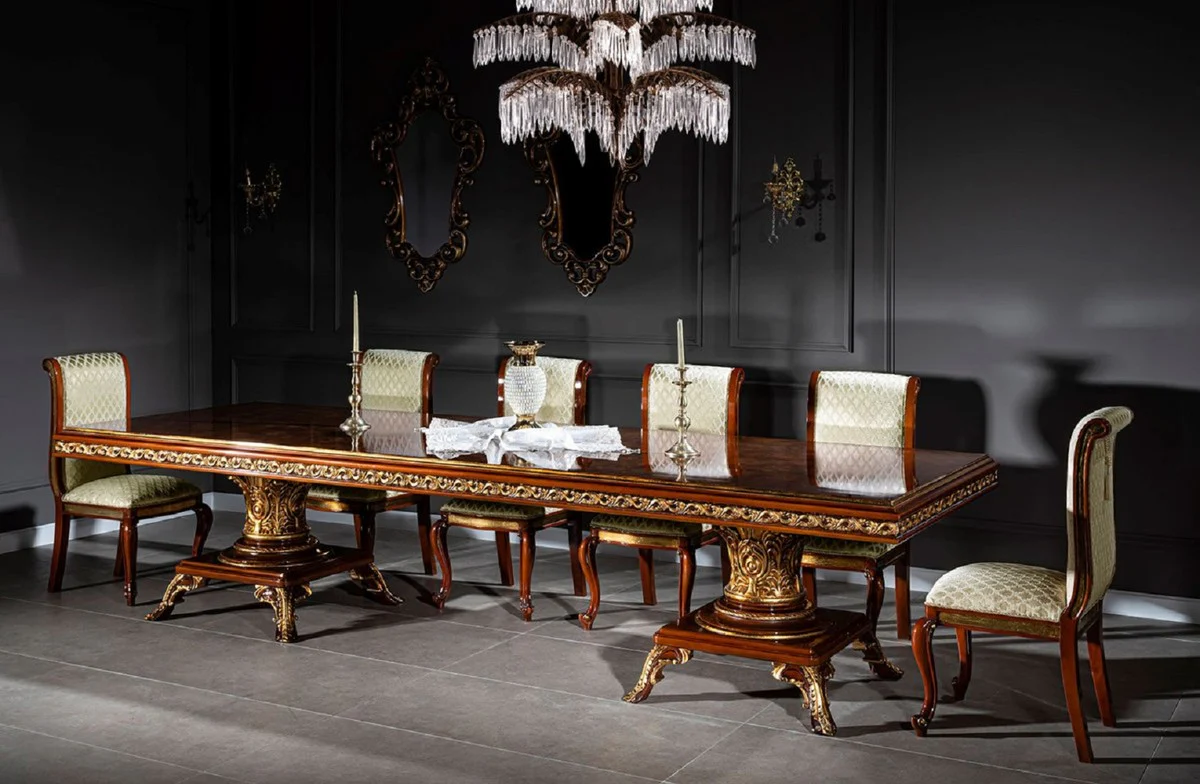 Luxury Baroque Dining Room Set Brown / Gold - 1 Huge Baroque Dining Table & 14 Baroque Dining Chairs - Baroque Dining Room Furniture - Luxury Furniture in Baroque Style - Noble & Magnificent