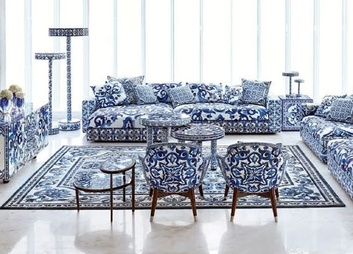 Luxury Baroque Living Room Carpet White / Blue - Various Sizes