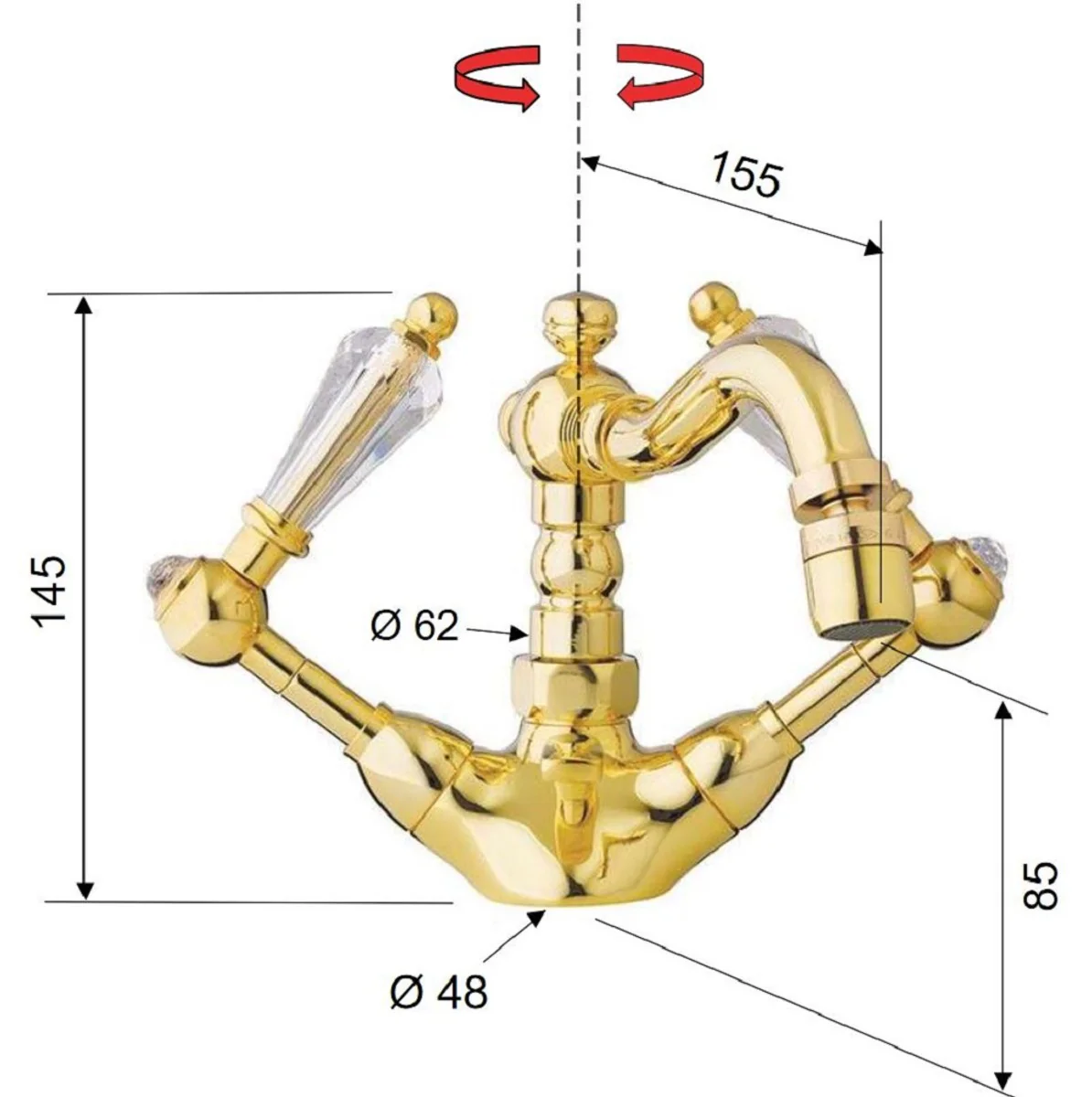Luxury Art Nouveau washbasin fitting with Swarovski crystal glass gold H. 14.5 cm - Nostalgic bathroom accessories - Luxury quality - Made in Italy