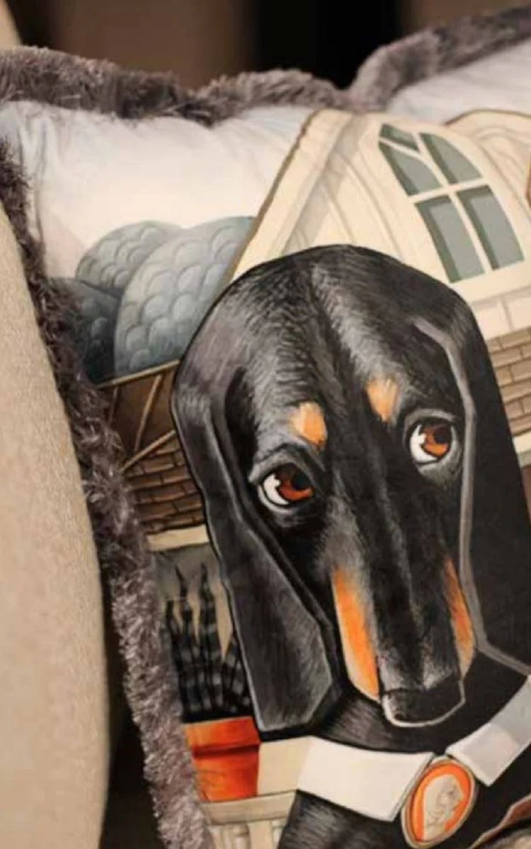 Luxury decorative cushion dog couple multicolored / gray 45 x 45 cm - printed velvet cushion with fringes - luxury quality