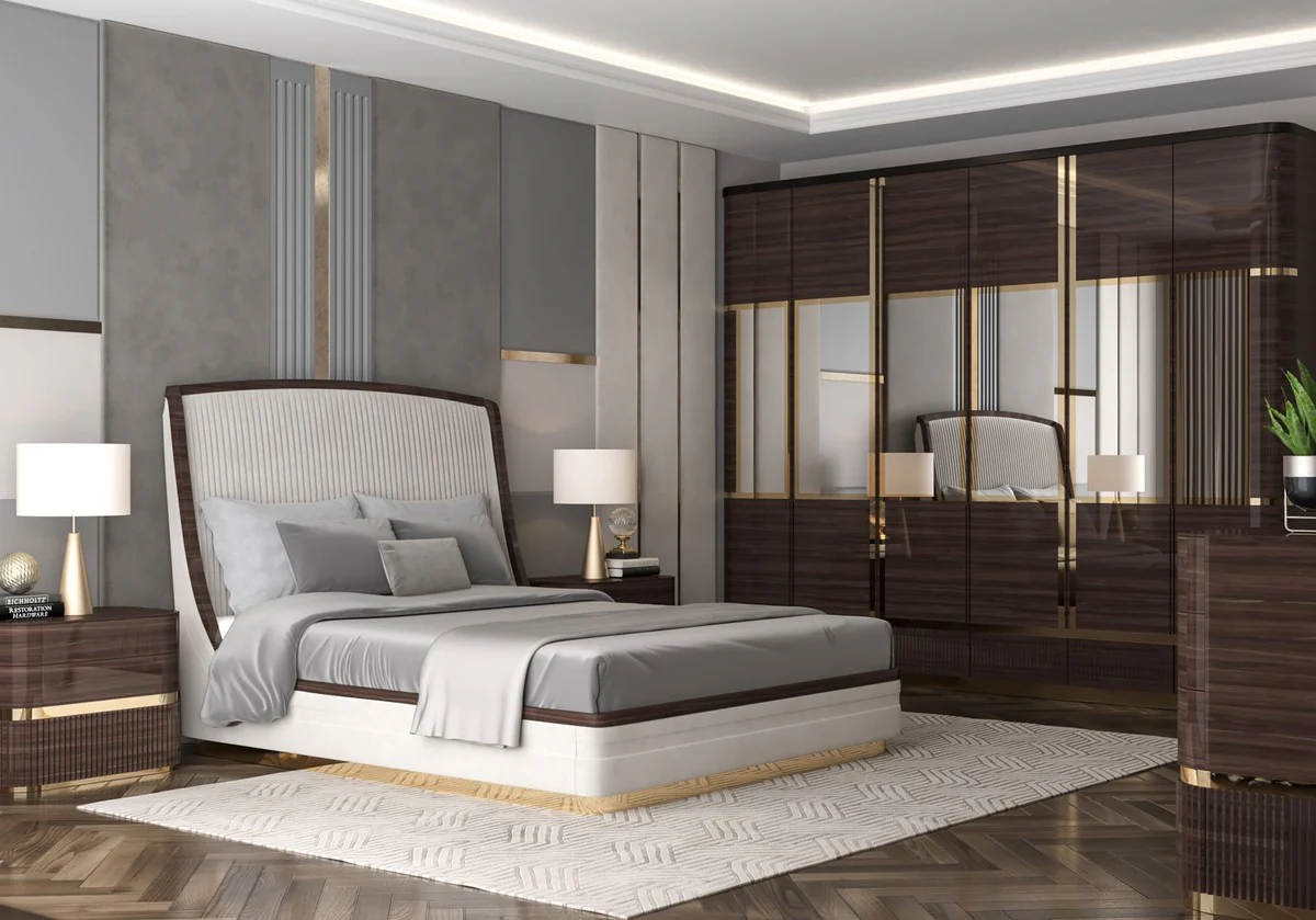 Luxury double bed white / dark brown / gold - noble solid wood bed with headboard - bedroom furniture - hotel furniture - luxury furniture - bedroom furnishings - luxury furnishings