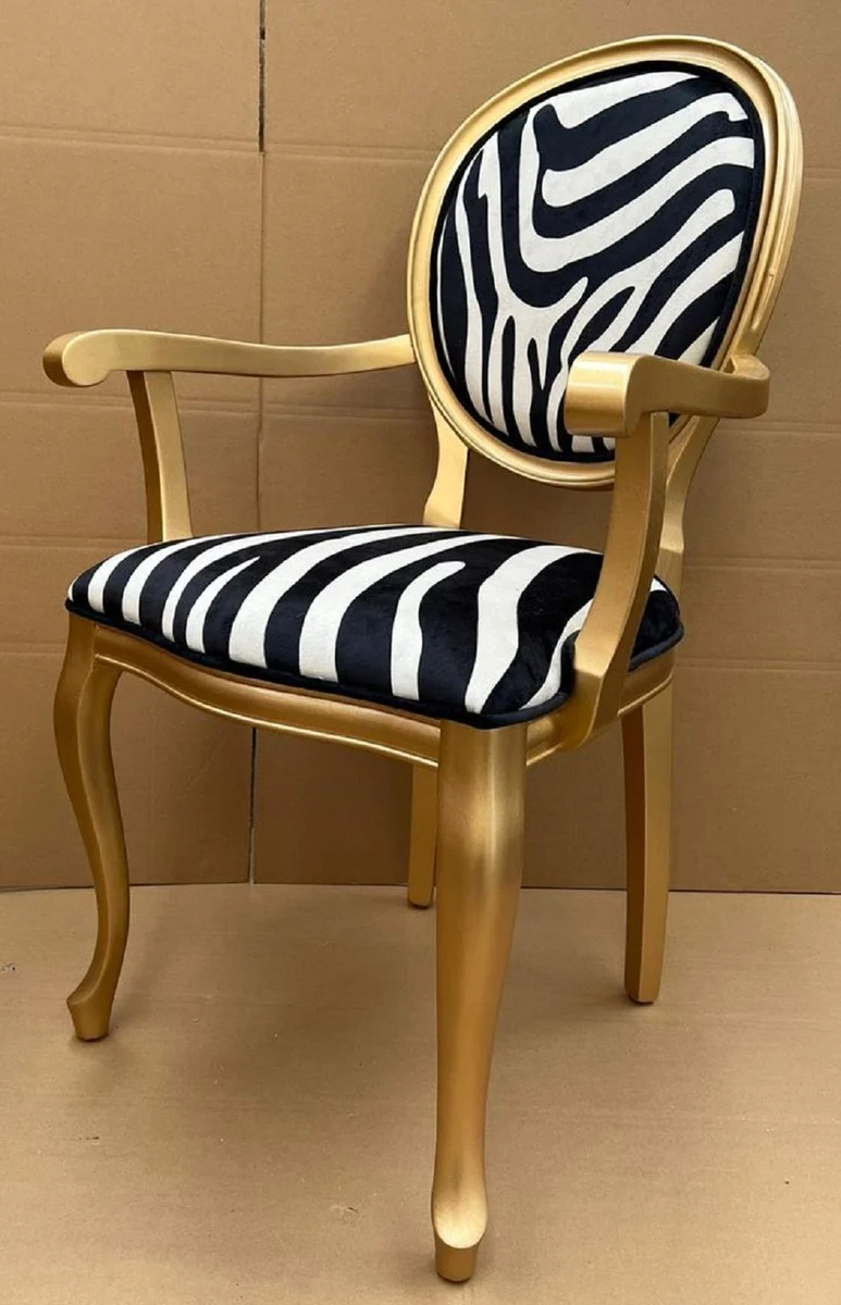 Luxury baroque dining room chair zebra / gold - handmade baroque style chair with armrests and elegant velvet fabric - dining room furniture in baroque style