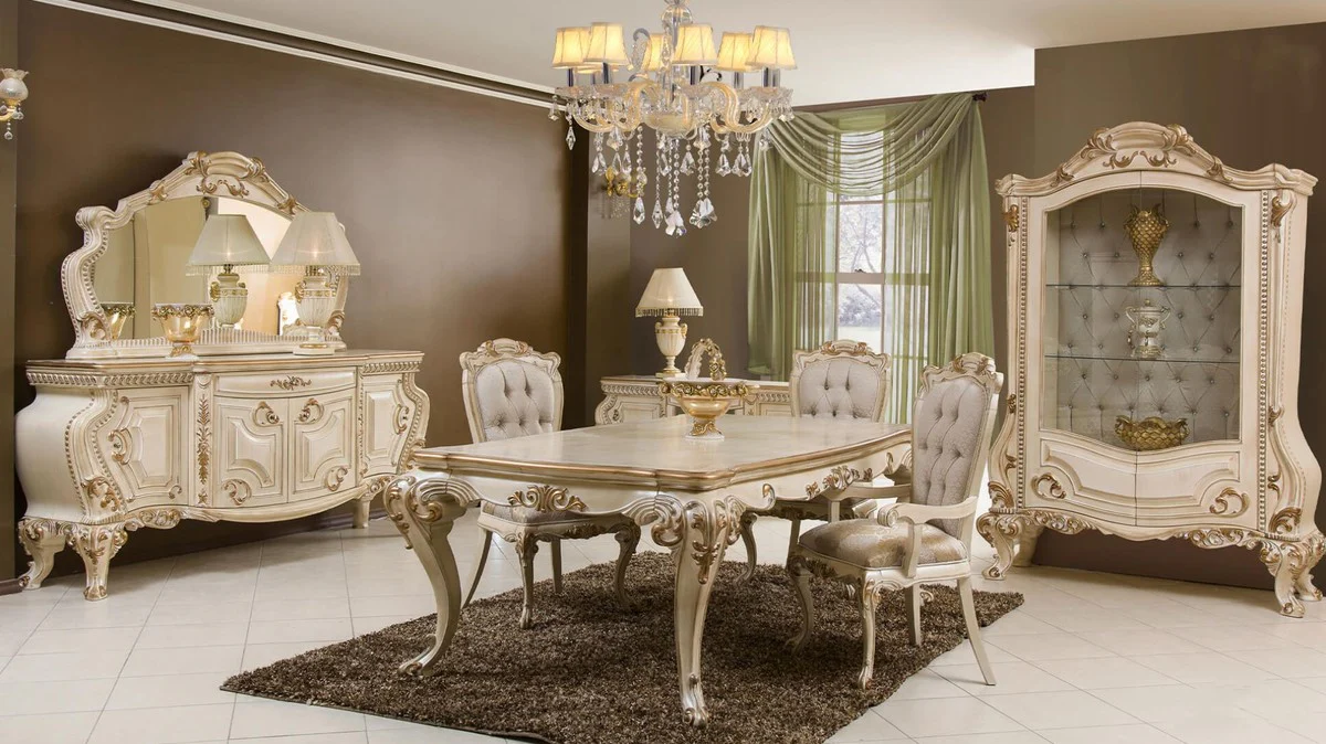 Luxury Baroque Dining Room Set Cream / Gold - 1 Baroque Dining Table & 6 Baroque Dining Chairs - Baroque Dining Room Furniture - Luxury Furniture in Baroque Style - Noble & Magnificent