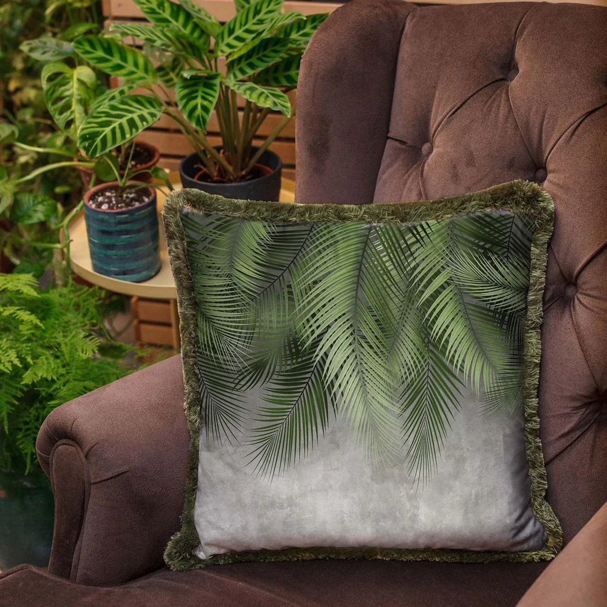 Luxury decorative cushion palm leaves gray / green 45 x 45 cm - printed velvet cushion with fringes - luxury decorative accessories