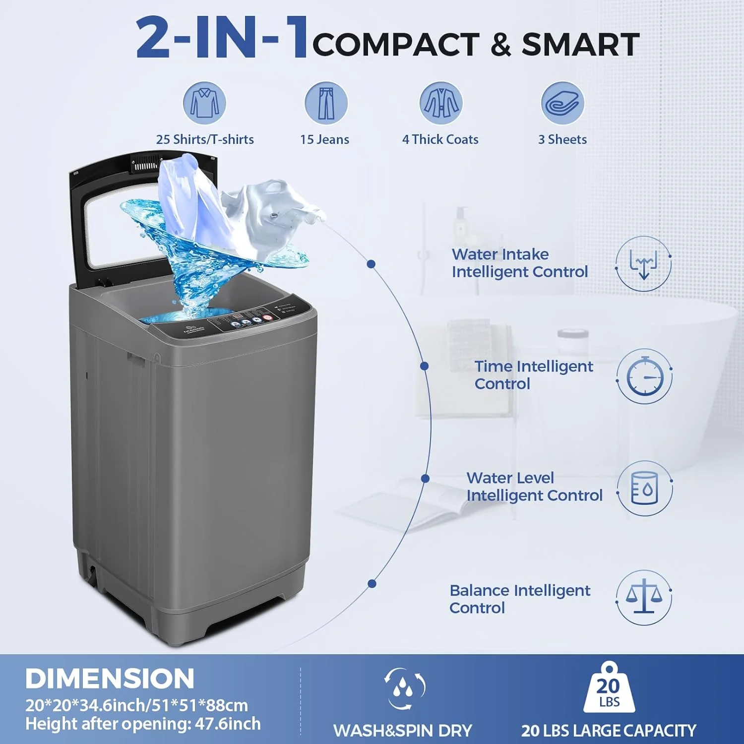 Nictemaw Portable Washing Machine, 20Lbs Capacity Full-Automatic Portable Washer Machine, 2.8Cu.ft Washer and Dryer Combo with Drain Pump, 10 Programs & 8 Water Levels for Apartment, Dorms, RV