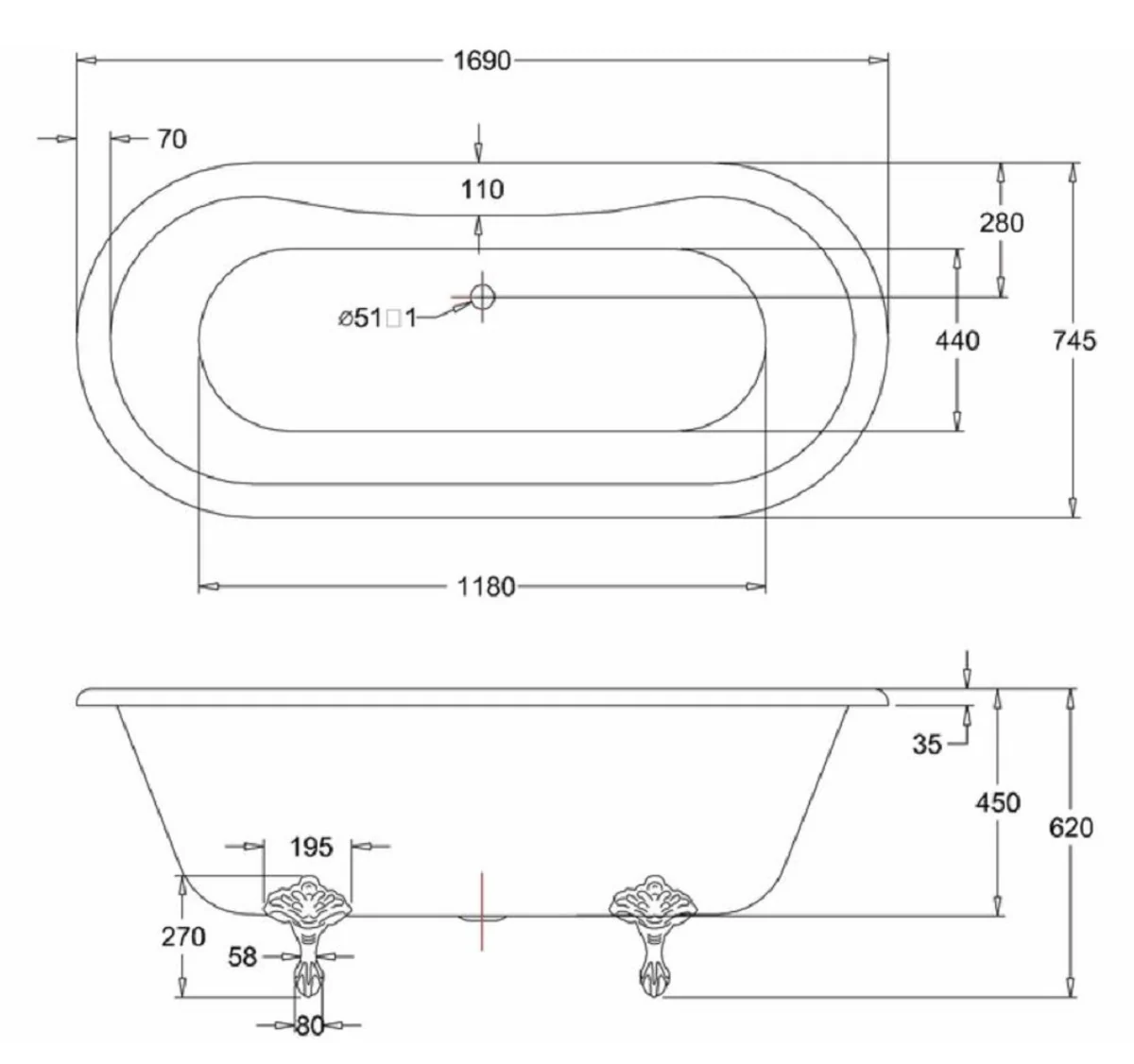 Luxury Art Nouveau bathtub white / black 169 x 74.5 x H. 62 cm - Freestanding retro acrylic bathtub - Retro bathroom furniture