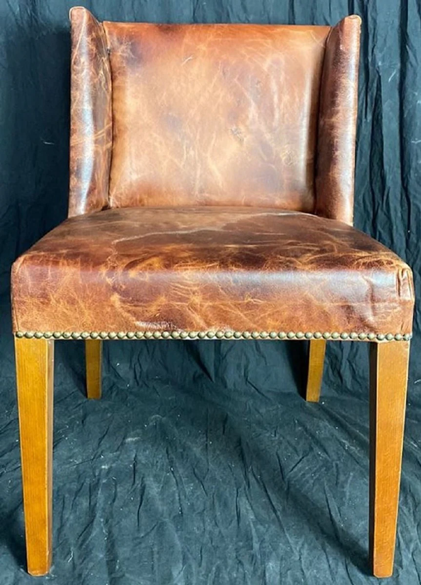 Luxury leather dining room chair set vintage brown / light brown 56 x 52 x H. 81 cm - genuine leather kitchen chairs set of 6 - dining room furniture - leather furniture - luxury furniture - luxury furnishings