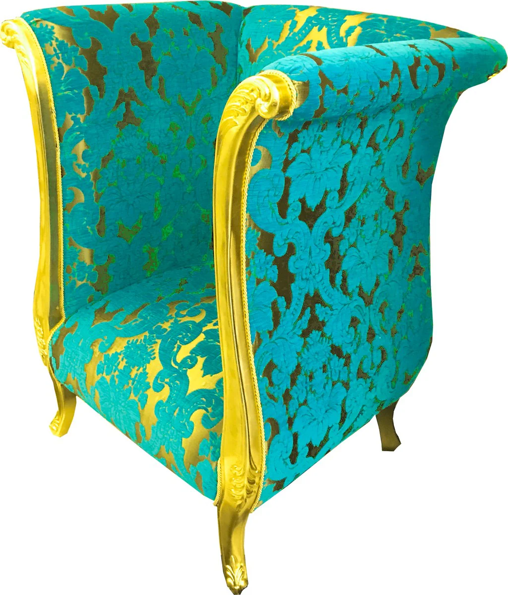 Extravagant Pompöös by luxury designer armchair by Harald Glööckler turquoise bouquet pattern / gold - Pompöös baroque armchair