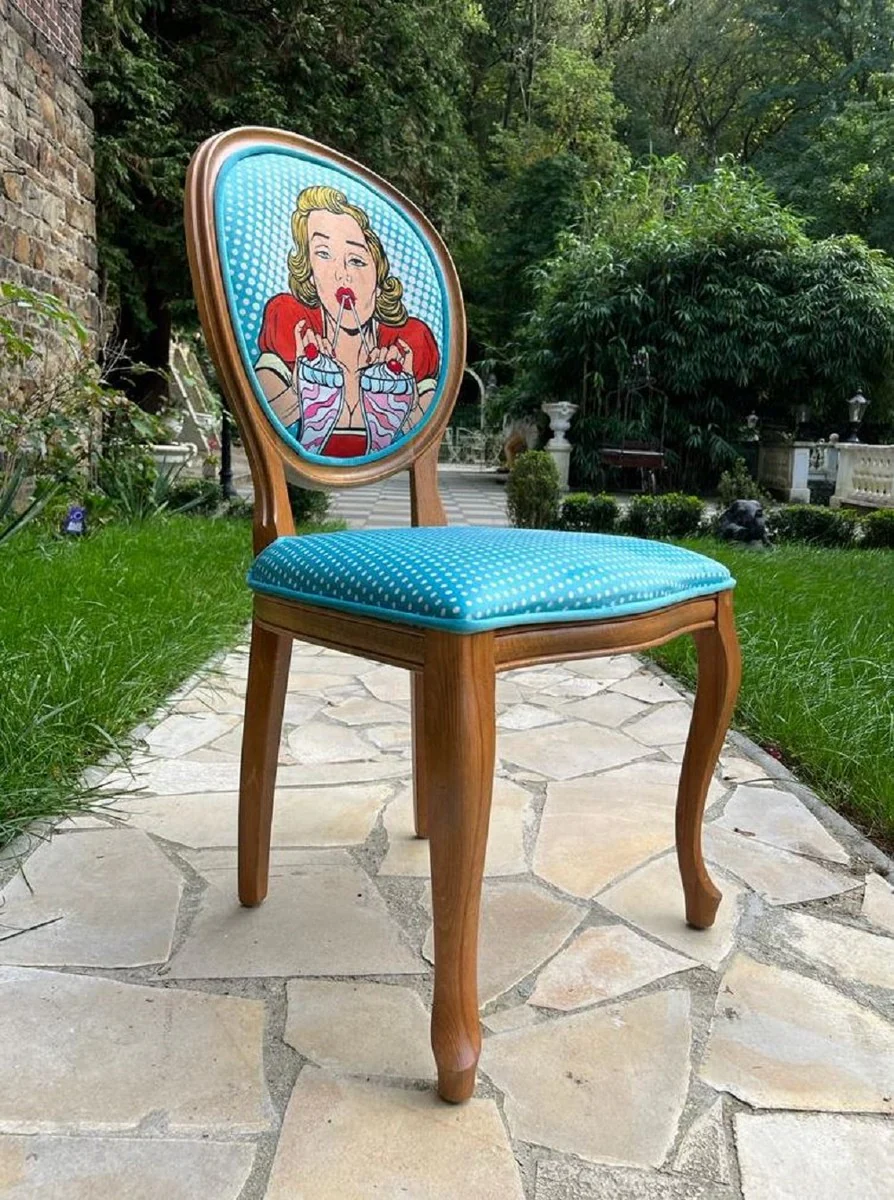 Luxury Baroque Dining Room Chair Blue / Multicolored / Brown - Handmade Antique Style Chair with Design - Dining Room Furniture in Baroque Style