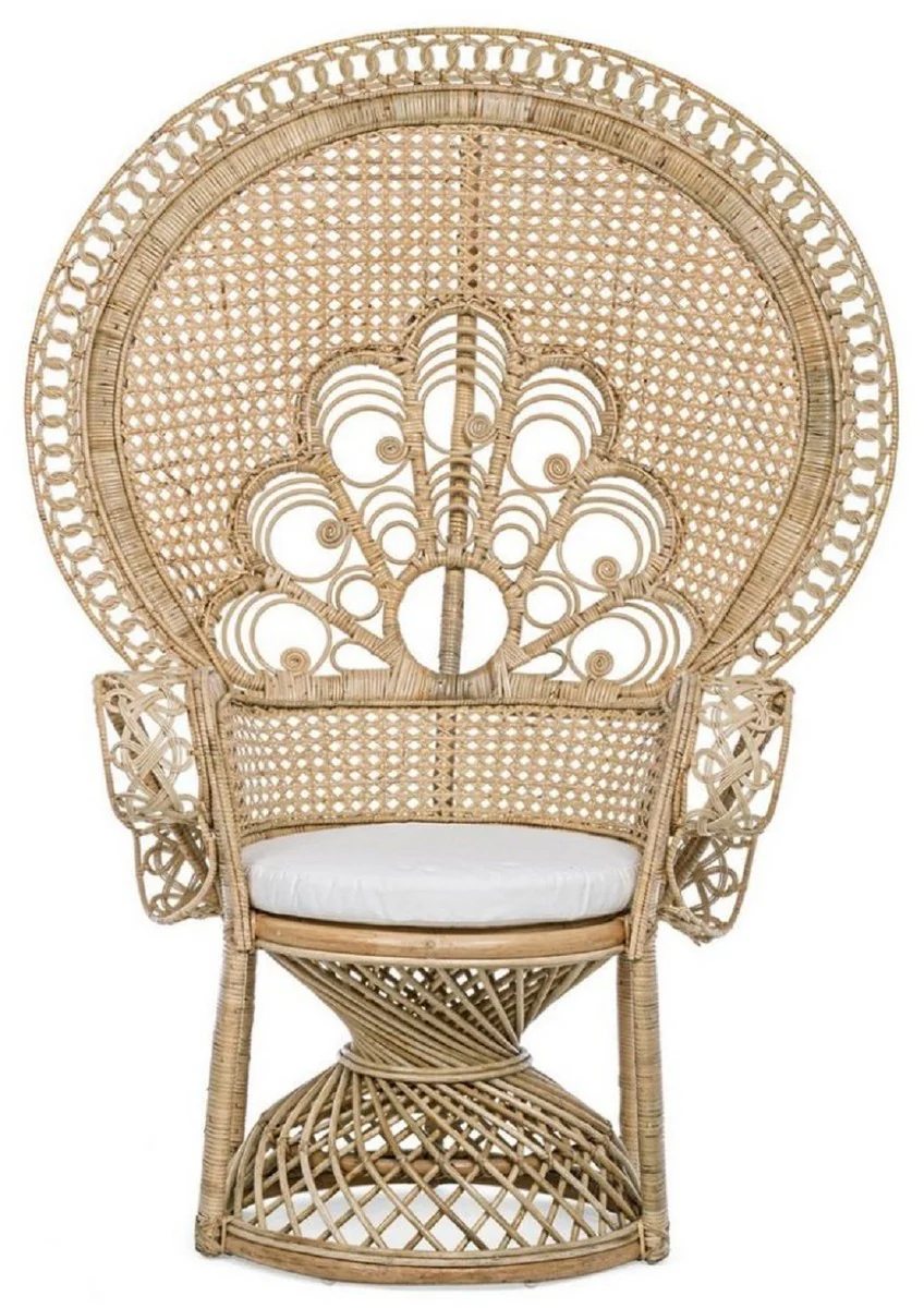 Luxury garden armchair natural color / white 106 x 71 x H. 148 cm - Vintage style rattan armchair with seat cushion - Vintage style rattan furniture - Garden & patio furniture