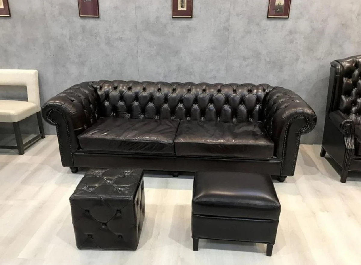 Luxury Chesterfield leather stool vintage black 40 x 40 x H. 45 cm - Real leather footstool - Real leather cube stool - Chesterfield living room - Real leather furniture - Luxury furniture