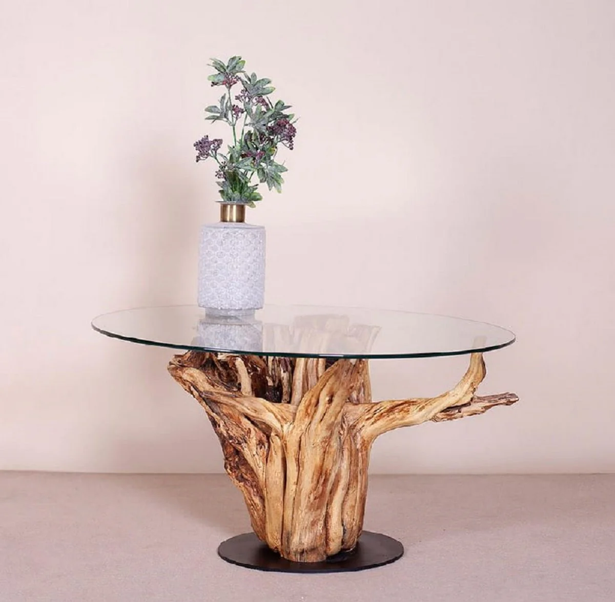 Luxury coffee table with glass top natural color / black Ø 90 cm