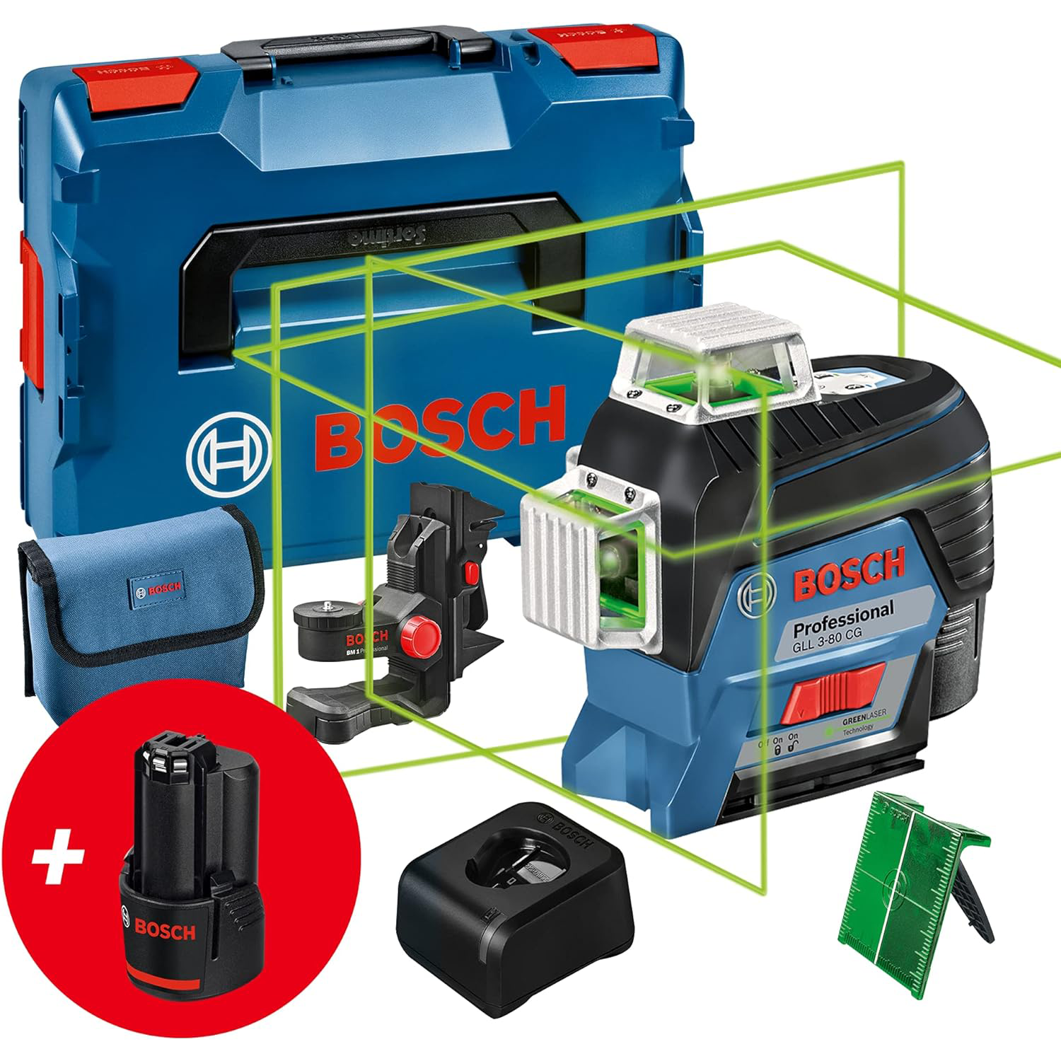 Bosch Professional 12V System Laser Lignes GLL 3-80 CG – Cellule de Réception LR 7 (Faisceau Rouge et Vert, 2 Piles 1,5 V AAA, Portée : 5-50 m, Housse de Protection)
