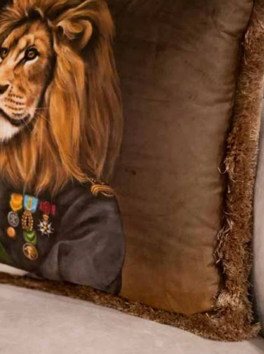 Luxury decorative cushion officer lion brown / multicolored 45 x 45 cm - printed velvet cushion with fringes - luxury collection