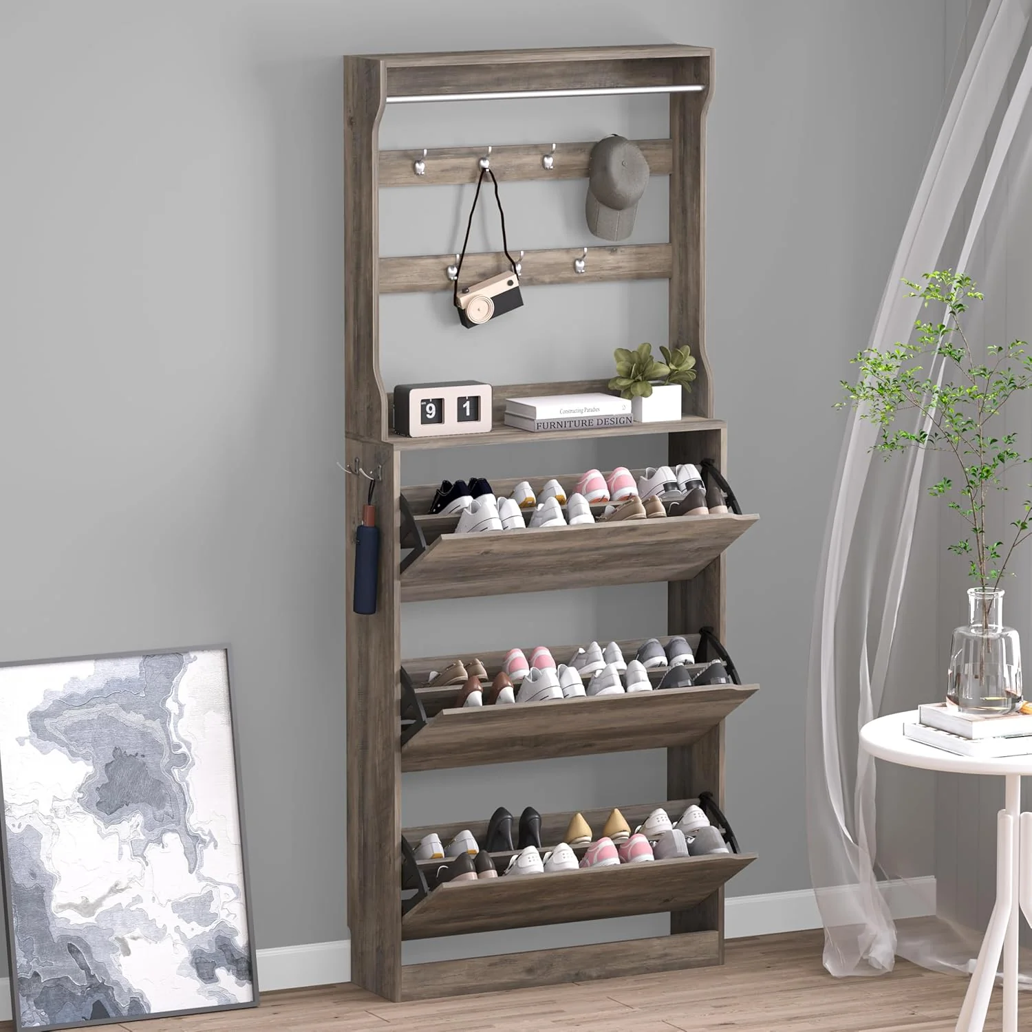 Shoe Cabinet with 3 Flip Drawers Hidden Wood Shoe Cabinet Freestanding Shoe Storage Cabinet