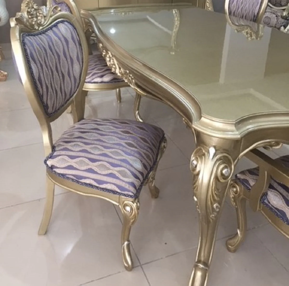 Luxury Baroque Dining Room Set Blue / Gold / Silver - 1 Baroque Dining Table & 6 Baroque Dining Chairs - Luxury Dining Room Furniture in Baroque Style - Magnificent Baroque Dining Room Furniture