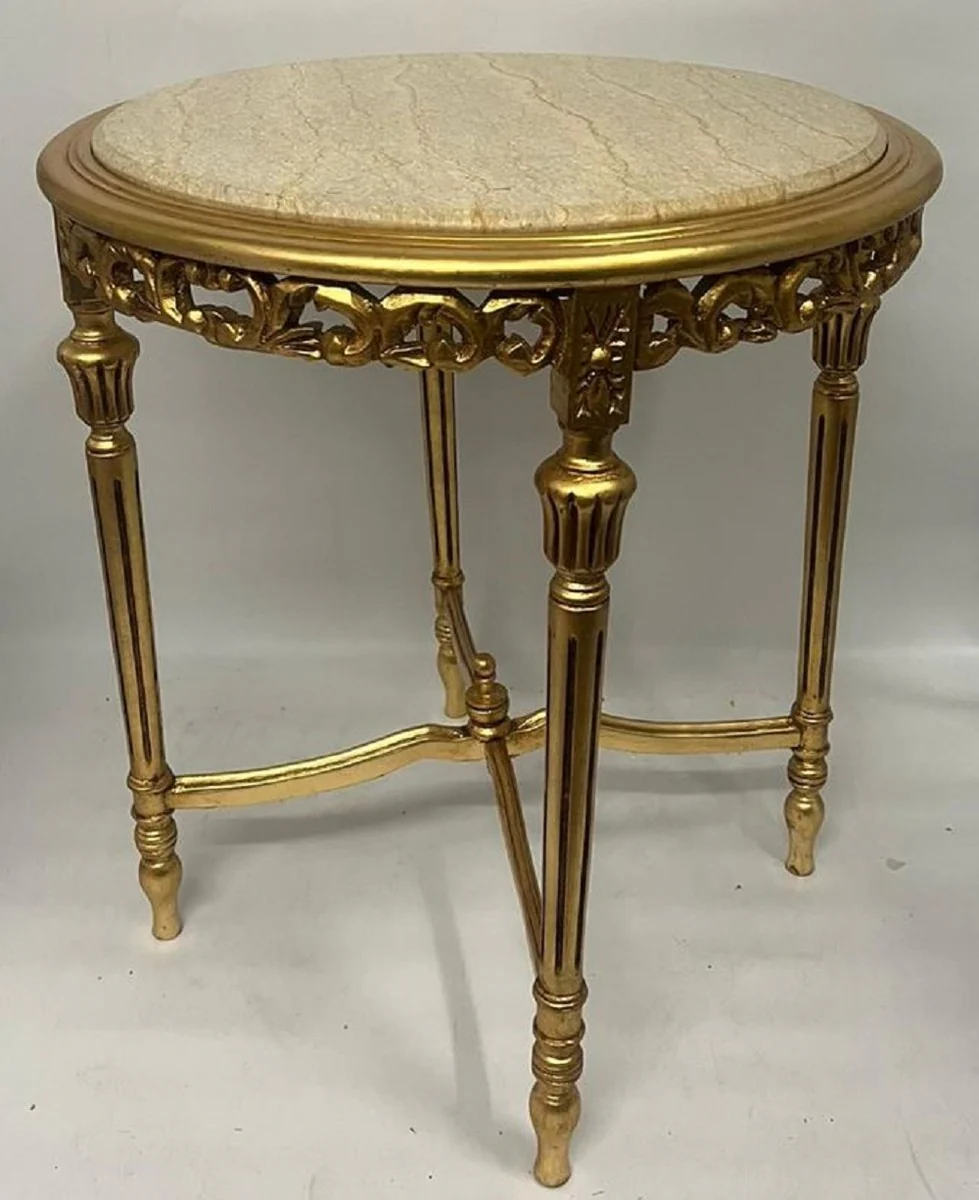 Baroque side table gold / beige - 60 x H 70 cm round antique style solid wood table with marble top - living room furniture in baroque style - antique style furniture - baroque furniture