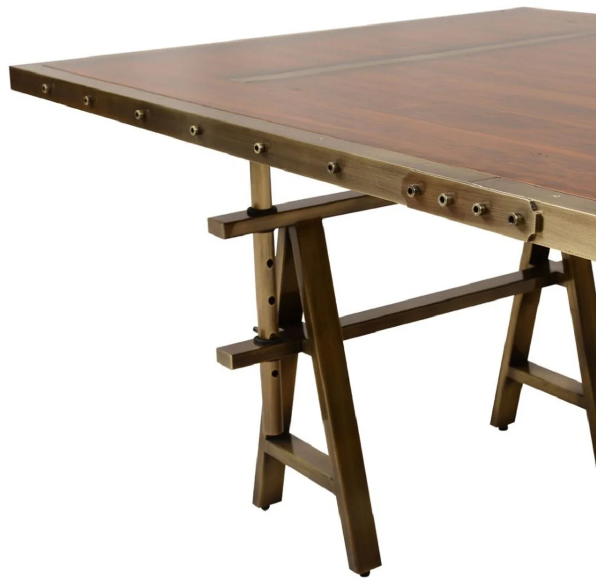 Luxury vintage industrial style dining table brown / brass 226.5 x 111 x H. 75.5 cm - Rectangular dining room table with solid wood table top - Luxury vintage industrial style dining room furniture