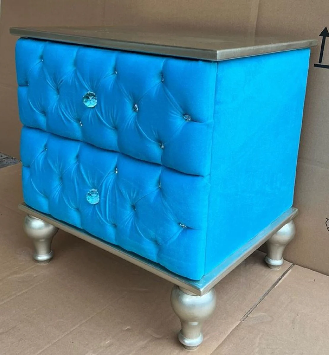 Baroque night dresser with 2 drawers and rhinestones light blue / silver - Baroque style bedside table - Baroque furniture - Bedroom furniture in Baroque style - Noble & magnificent