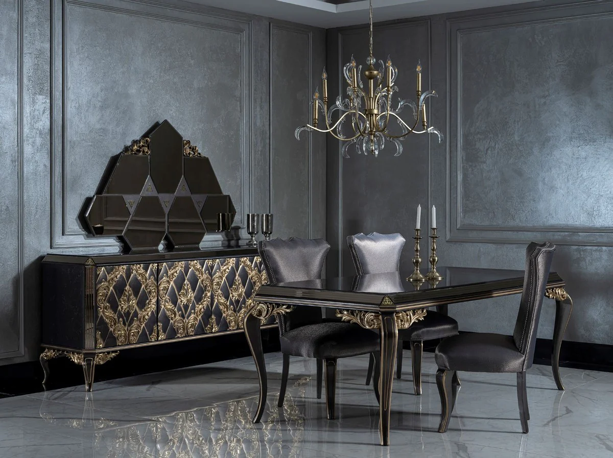 Luxury baroque dining room set blue / black / gold - 1 dining table with glass top & 6 dining chairs - noble dining room furniture in baroque style