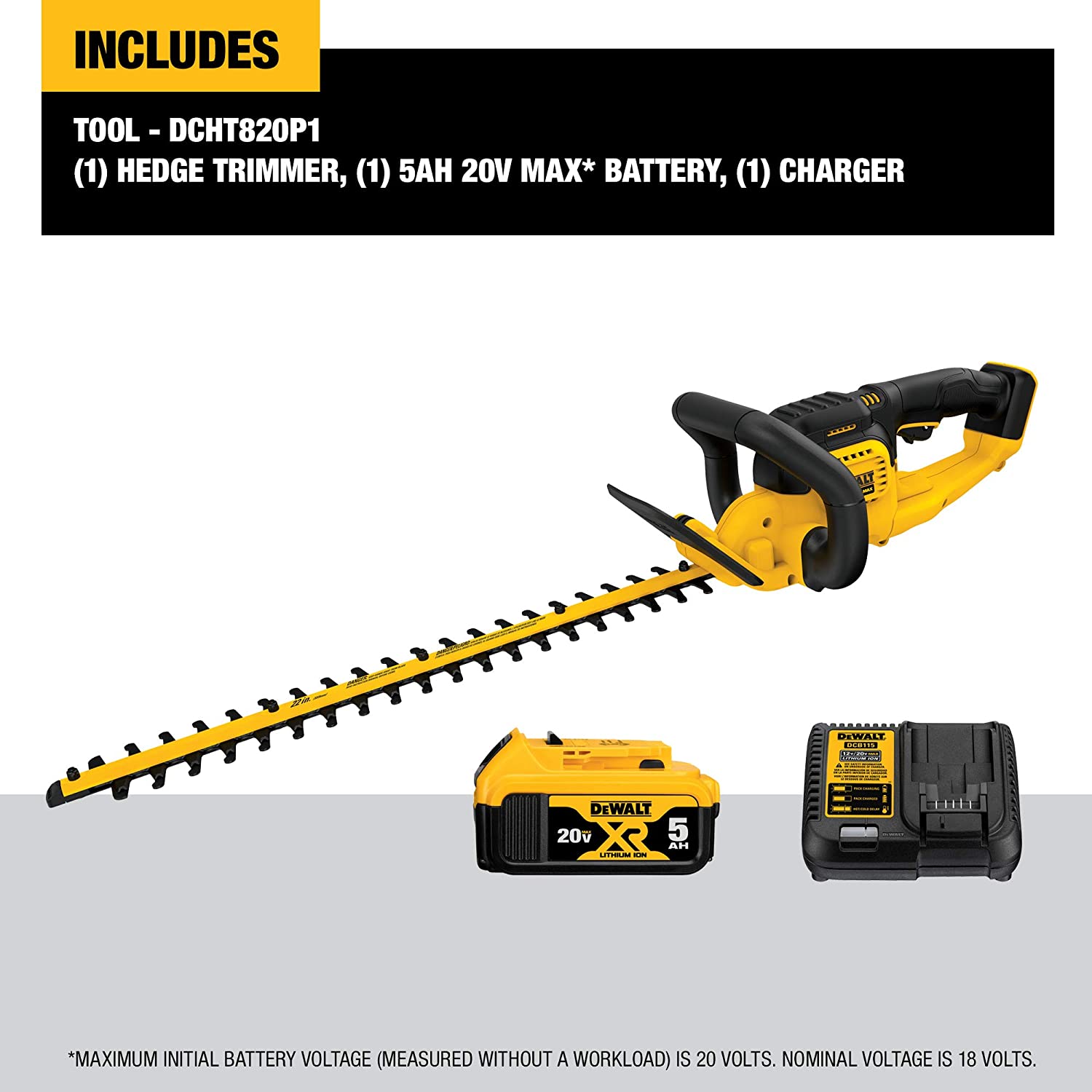 DEWALT 20V MAX CORDLESS HEDGE TRIMMER, 5.0 AH, 22-INCH (DCHT820P1)