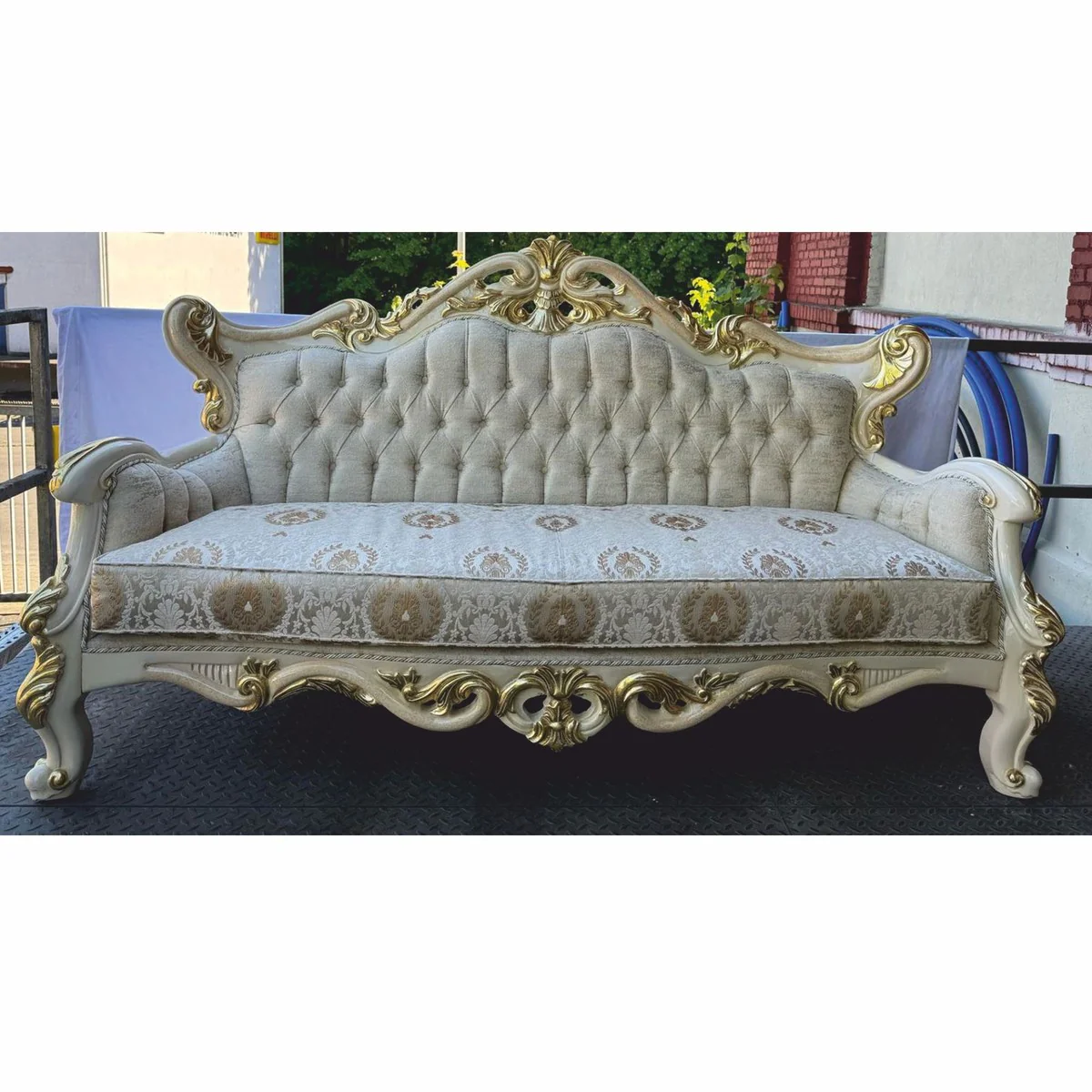 Luxury Baroque Living Room Sofa Silver / Cream / Gold 225 cm - Baroque Furniture