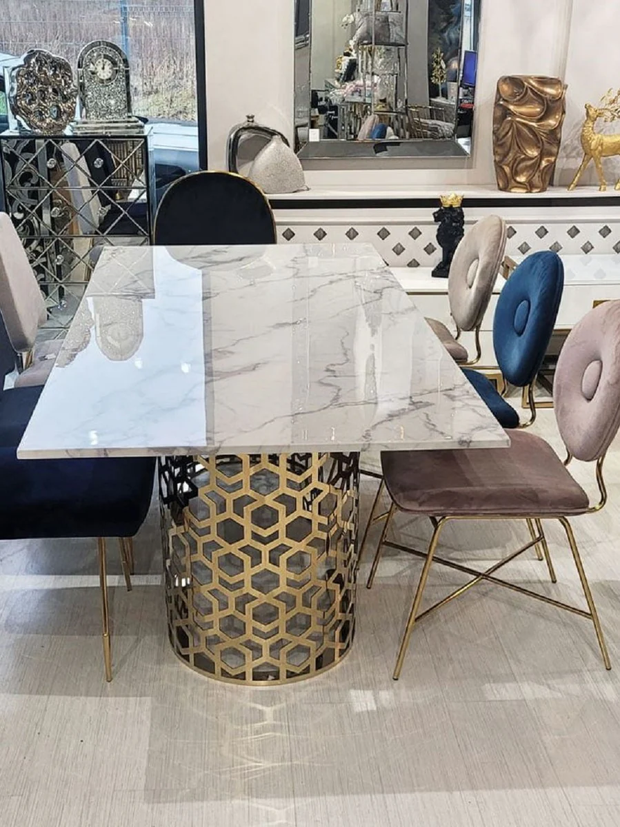 Luxury dining table white / gold 200 x 100 x H. 76 cm - Dining room table with artificial marble table top - Dining room furniture - Luxury furniture - Luxury furnishings