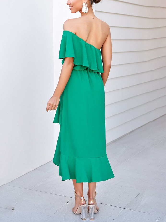 Solid Color One-Shoulder Stitching Ruffled Dress