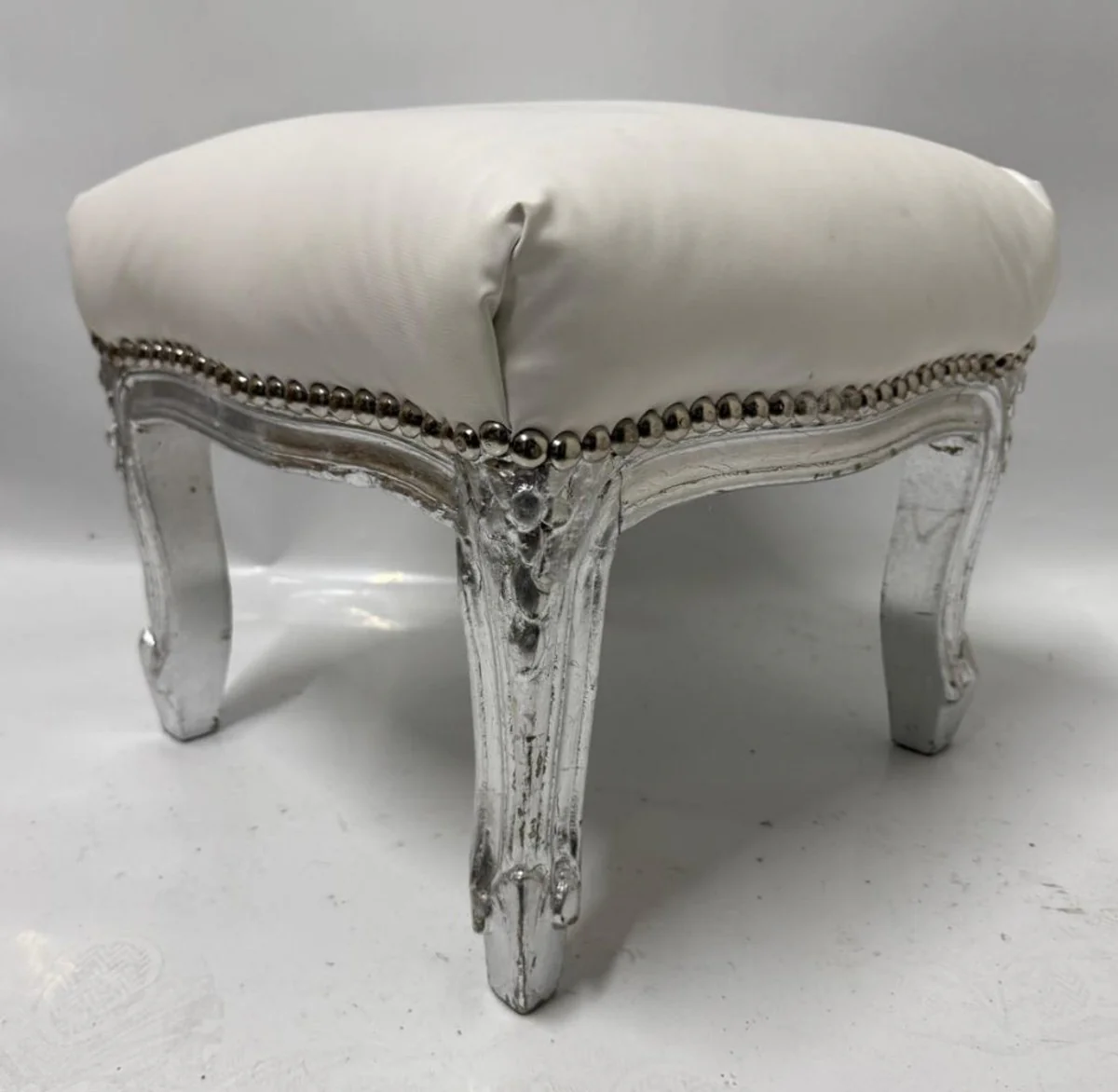 Baroque faux leather footstool white / antique silver H. 33 cm - baroque style stool
