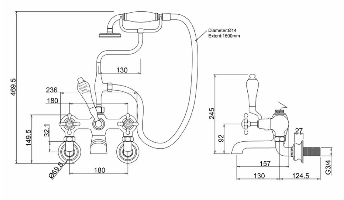 Luxury Art Nouveau surface-mounted bathtub mixer silver / black H. 46.95 cm - Nostalgic brass bathtub mixer with hand shower - Nostalgic bathroom accessories