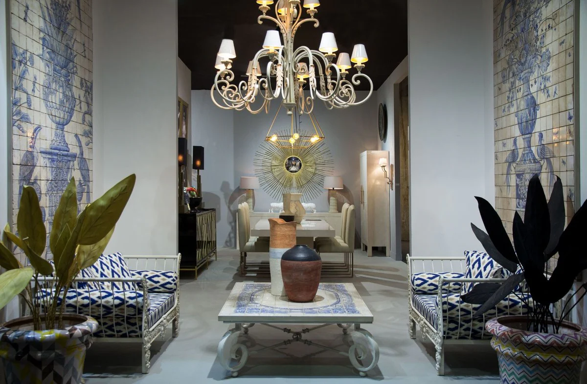 Luxury baroque coffee table cream / blue / white 136 x 106 x H. 42 cm - garden table with ceramic tiles table top and wrought iron table legs - baroque living room & garden furniture