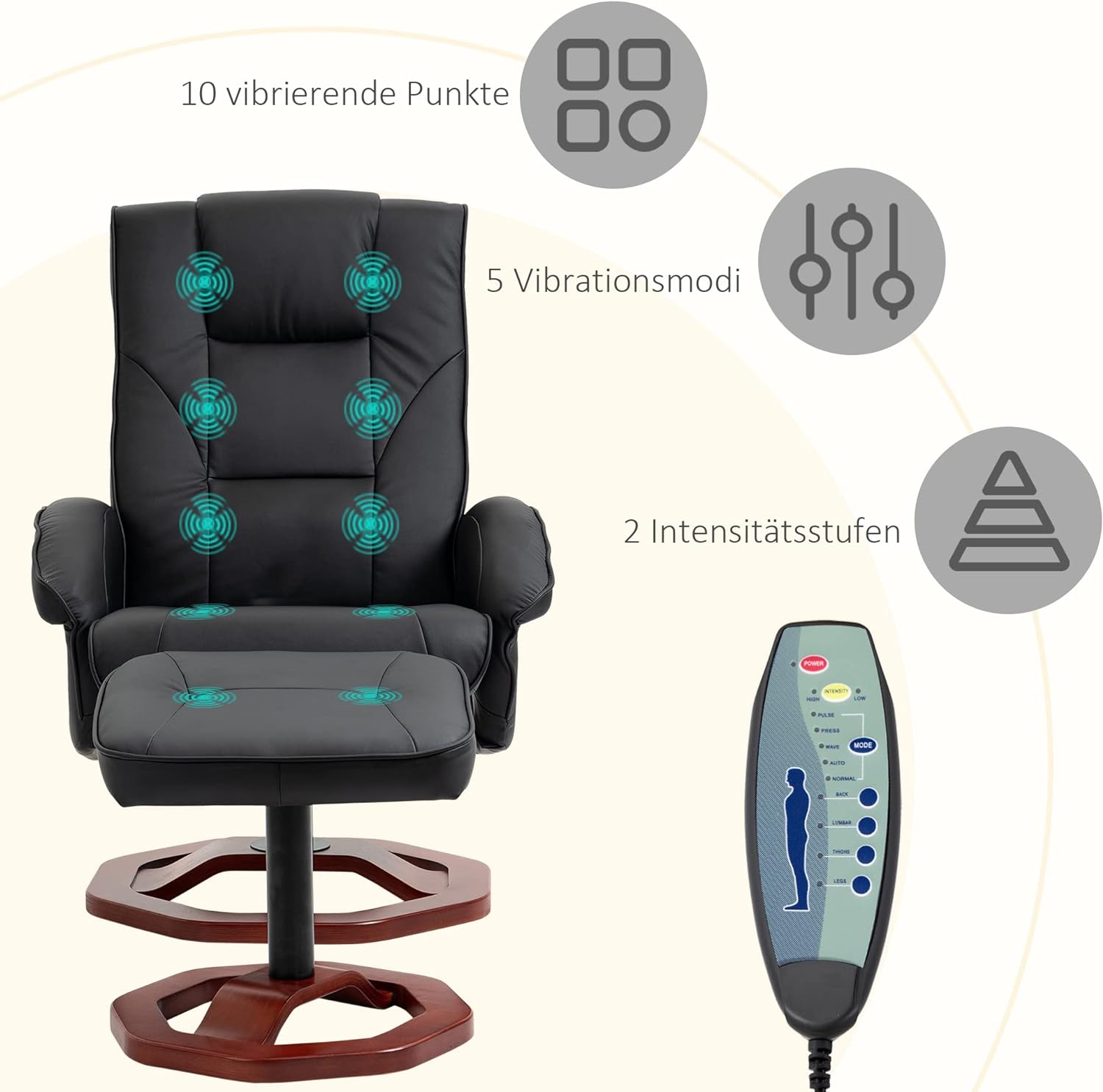 HOMCOM Massage Chair with Footrest, Rest Function, Reclining Chair with Massage Function, 360 Rotating, Faux Leather, Black+Brown Steel, 73 x 83 x 106 cm