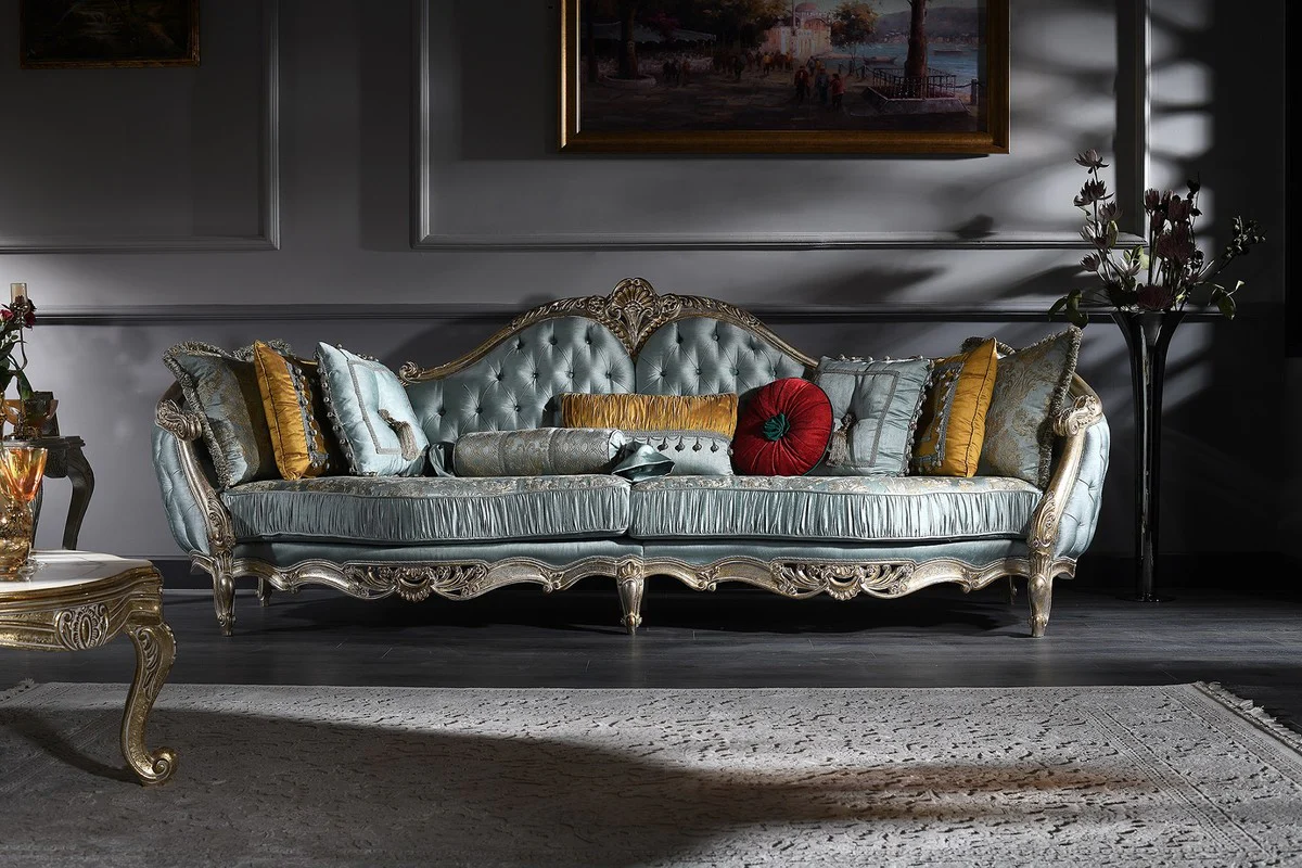 Luxury baroque sofa turquoise / silver / gold 310 x 99 x H. 113 cm - Magnificent Chesterfield living room sofa in the baroque style