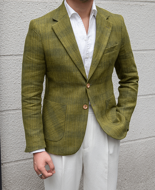 OK Vintage Plaid Notch Lapel Pocket Two Button Linen Blazer