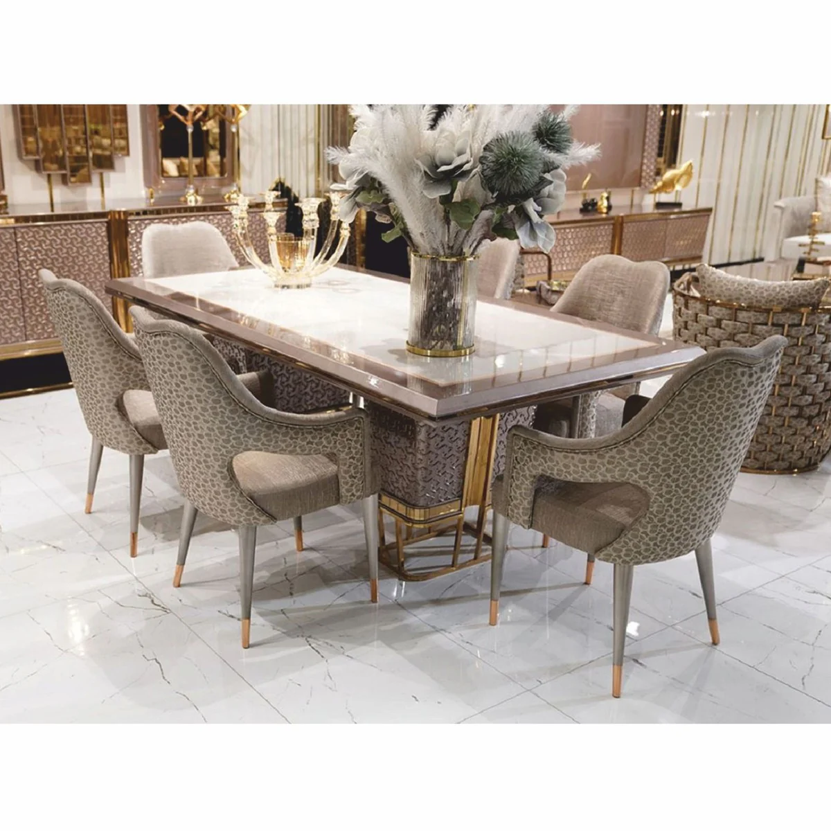Luxury dining table white / gray / gold 223 cm - dining room furniture