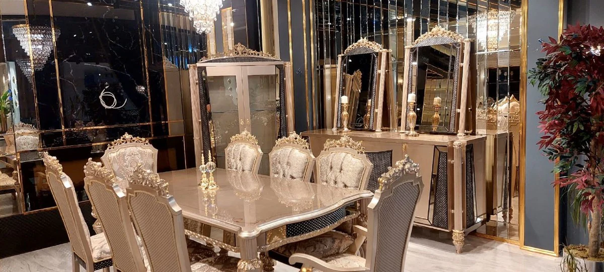 Luxury Baroque Dining Room Set Gray / Black / Gold - 1 Baroque Dining Table & 8 Baroque Dining Chairs - Luxury Dining Room Furniture in Baroque Style - Magnificent Baroque Dining Room Furniture