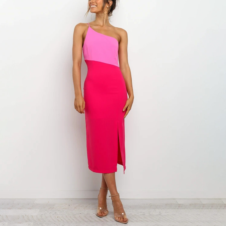 Ladies Sling One-shoulder Contrast Color Sexy Dress