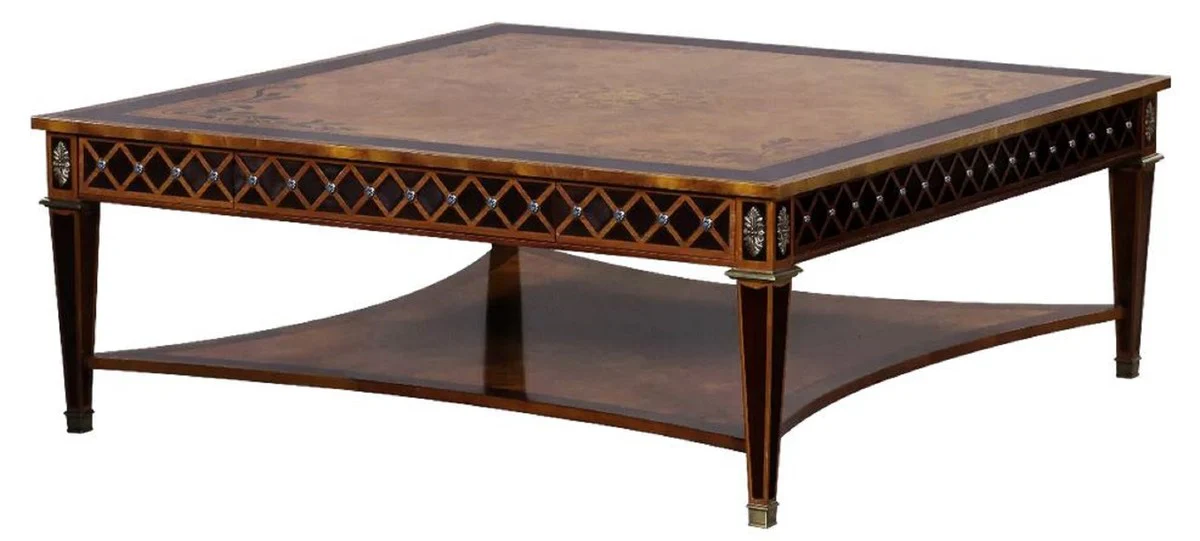 Luxury Art Deco coffee table natural colors / brown inlay / silver / antique brass 130 x 130 x H. 50 cm - Square living room table - Luxury Art Deco living room furniture