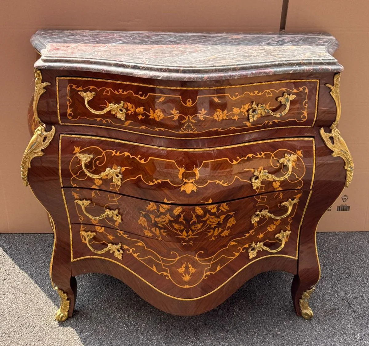 Baroque chest of drawers with 4 drawers and marble top brown inlay / gold / gray 100 cm