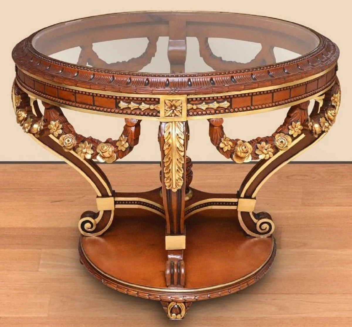 Baroque conference table brown / gold - round solid wood office table with glass top - baroque office furniture - noble and magnificent