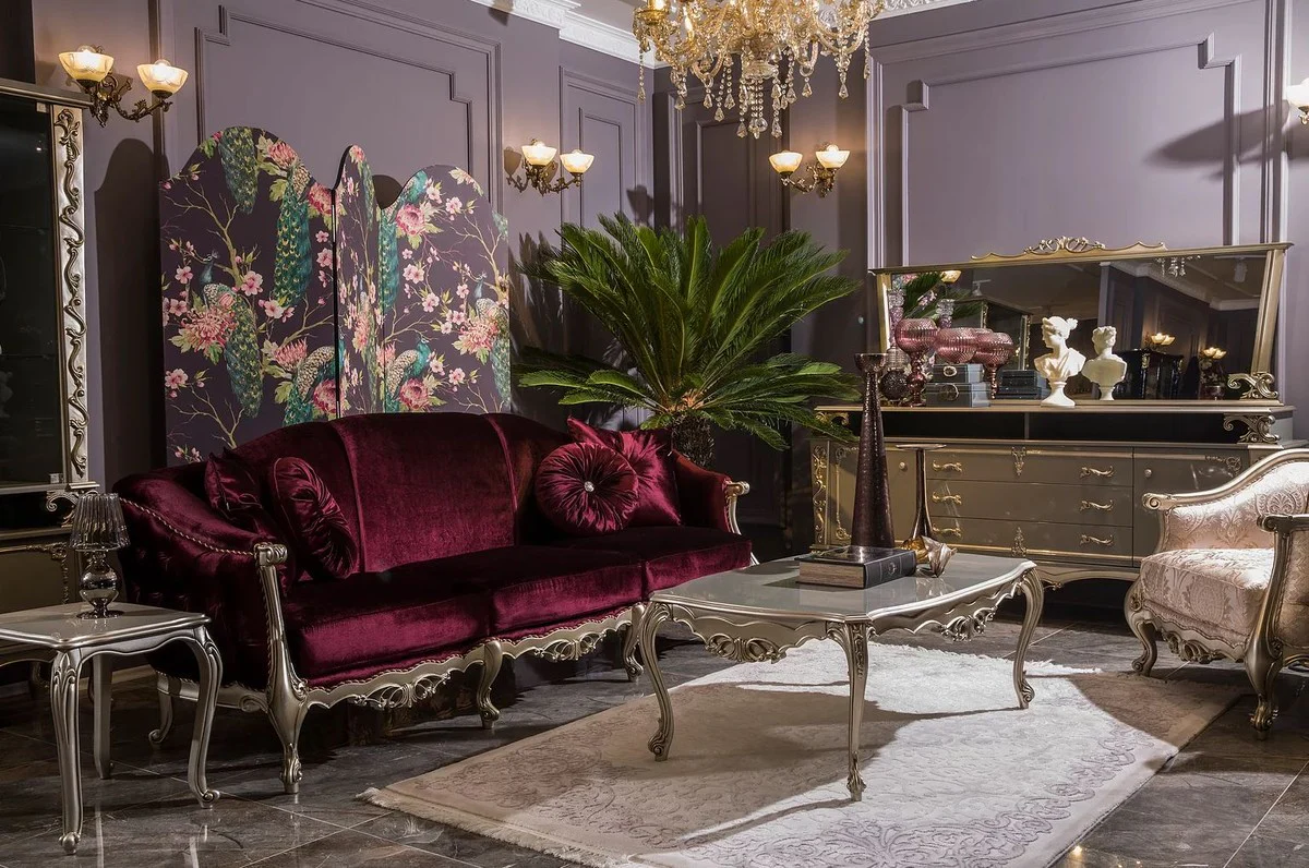 Luxury baroque living room sofa purple / silver 250 x 83 x H. 101 cm - Noble solid wood sofa with decorative cushions - Living room furniture in the baroque style