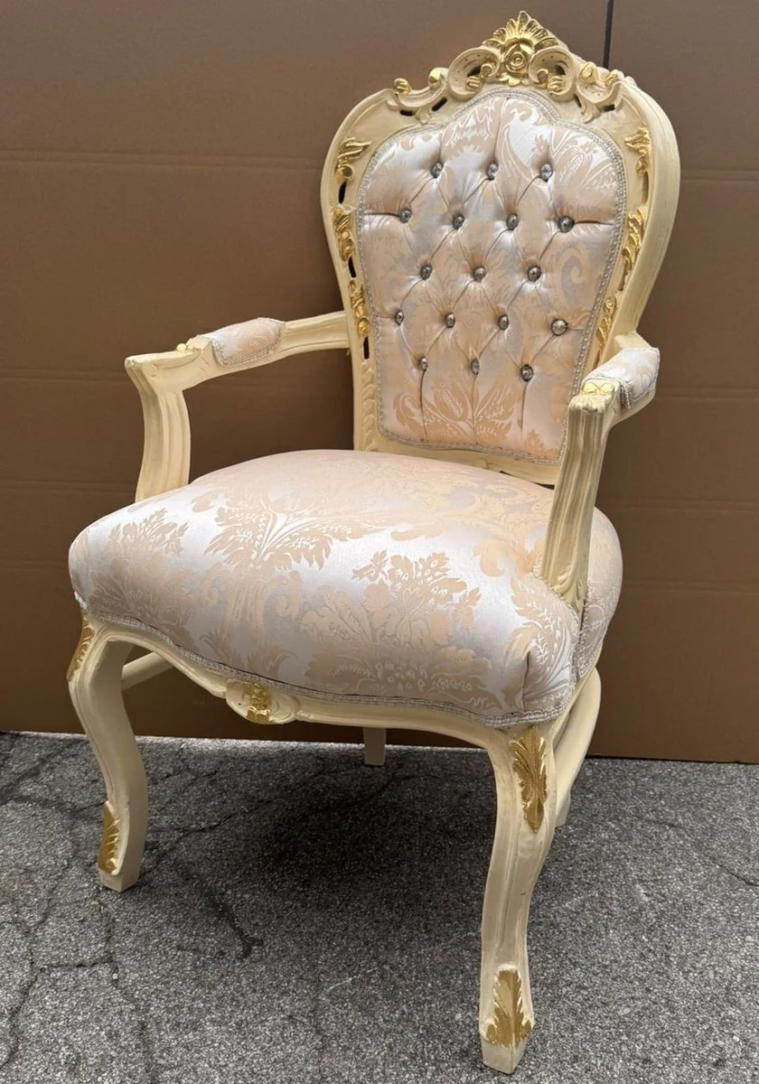 Baroque dining room chair with armrests and rhinestones silver / cream / gold