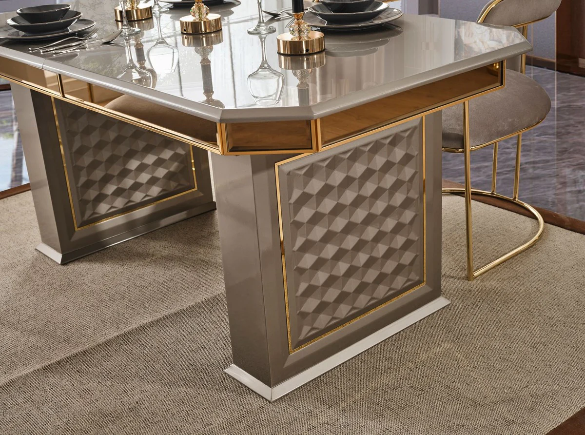 Luxury Art Deco Dining Room Set Gray / Gold - 1 Extendable Dining Table & 6 Dining Chairs with Armrests - Dining Room Furniture - Art Deco Furniture - Luxury Furniture - Art Deco Furnishings