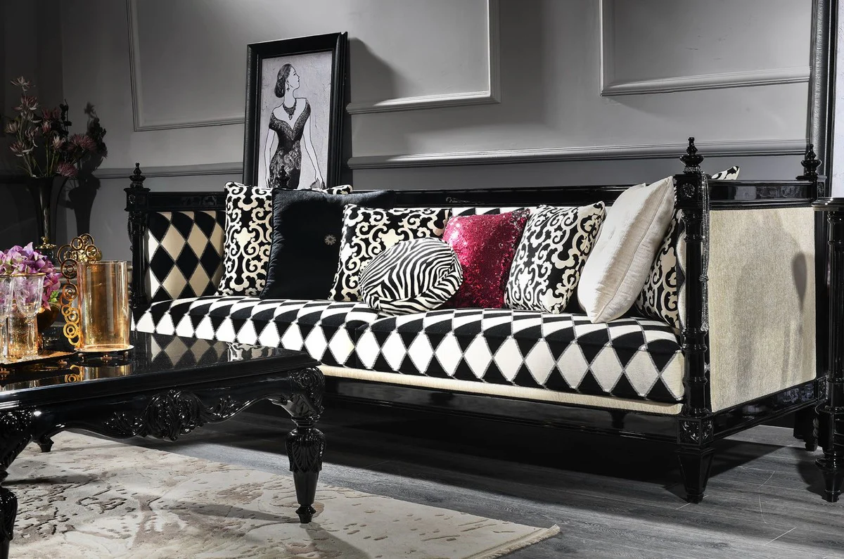 Luxury baroque sofa white / black 240 x 96 x H. 83 cm - living room sofa with elegant pattern - noble & magnificent