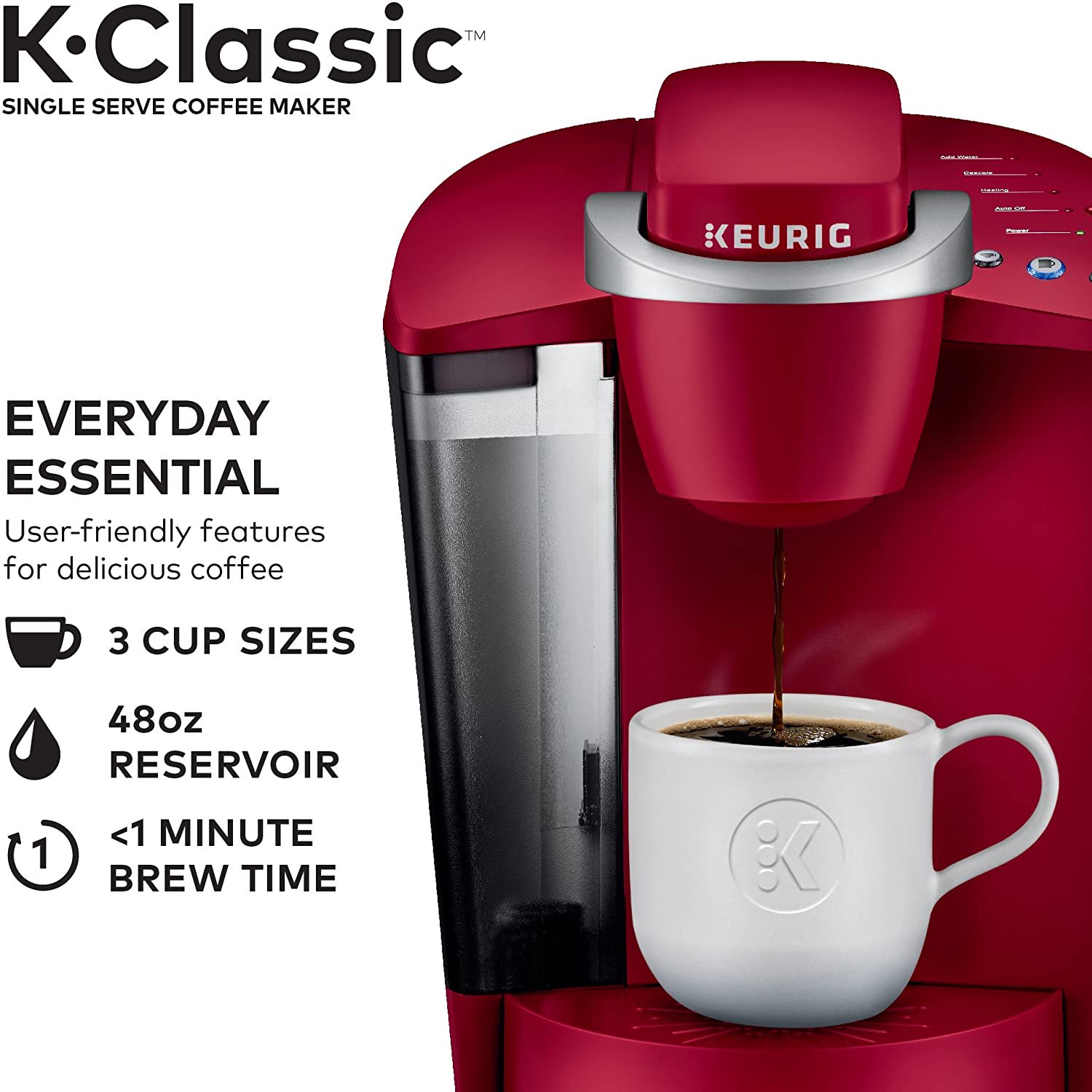 Keurig K-Classic Coffee Maker, Single Serve K-Cup Pod Coffee Brewer, 6 to 10 Ounce Brew Sizes, Rhubarb